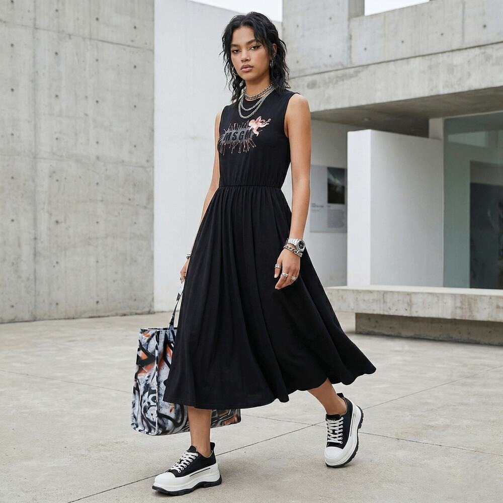 MSGM Black Cotton Jersey Sleeveles Midi Dress Logo size XS